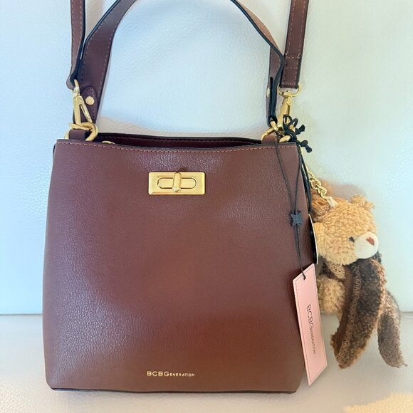 NWT BCBGENERATION 3 COMPARTMENT SHOULDER BAG CROSSBODY W CHARM BROWN - Picture 1 of 8